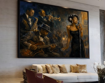 May include: Large framed painting depicting a jazz band and a singer in a dimly lit club. The artwork features musicians playing a saxophone, trumpet, and guitar, with a woman in a black dress singing into a microphone. The color palette includes blues, browns, and gold.