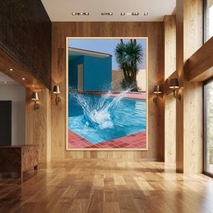 David Hockney Pool Splash Canvas Print Wall Art, Blue Palm Springs Modernist Poster, Mid Century Desert Home Decor Natural Wood Frame