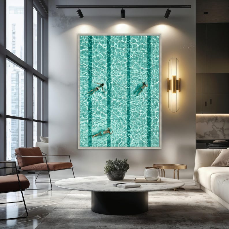 Pool Wall Art, Overhead Swimmers in Tiled Pool Water, Aqua Turquoise ...
