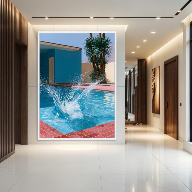 David Hockney Pool Splash Canvas Print Wall Art, Blue Palm Springs Modernist Poster, Mid Century Desert Home Decor White Frame