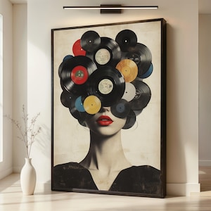 May include: A rectangular wall art print featuring a portrait of a person with a head made of stacked black vinyl records in various sizes. The person has bright red lips and wears a black top. The background is a neutral, textured off-white colour.
