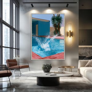 David Hockney Pool Splash Canvas Print Wall Art, Blue Palm Springs Modernist Poster, Mid Century Desert Home Decor Silver Frame