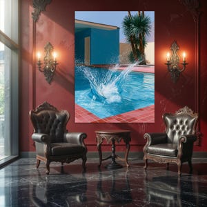 David Hockney Pool Splash Canvas Print Wall Art, Blue Palm Springs Modernist Poster, Mid Century Desert Home Decor Stretched Wood Canvas