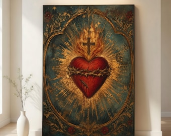 Sacred Heart Canvas Wall Art, Religious Christian Symbol, Fiery Heart Illustration, Spiritual Home Decor, Vintage canvas painting,gift,