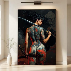 May include: A framed artwork featuring a woman with a dragon tattoo and holding a katana sword. The tattoo is detailed with a dragon, koi fish, and floral elements. The background is dark with cloud-like shapes, and the artwork is displayed in a well-lit room.