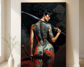 May include: A framed artwork featuring a woman with a dragon tattoo and holding a katana sword. The tattoo is detailed with a dragon, koi fish, and floral elements. The background is dark with cloud-like shapes, and the artwork is displayed in a well-lit room.