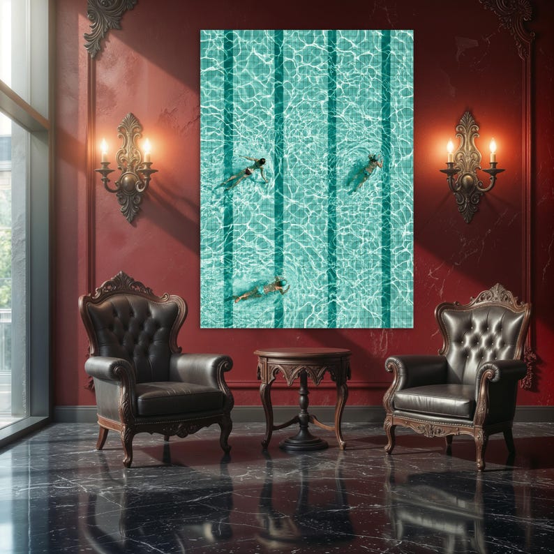 Pool Wall Art, Overhead Swimmers in Tiled Pool Water, Aqua Turquoise ...
