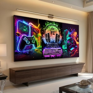 Neon gaming setup överdimensionerad väggkonst, färgglad gamerrumsaffisch med handkontroll och PC-skrivbord för modern sovrumsinredning