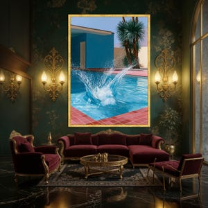 David Hockney Pool Splash Canvas Print Wall Art, Blue Palm Springs Modernist Poster, Mid Century Desert Home Decor Gold Frame