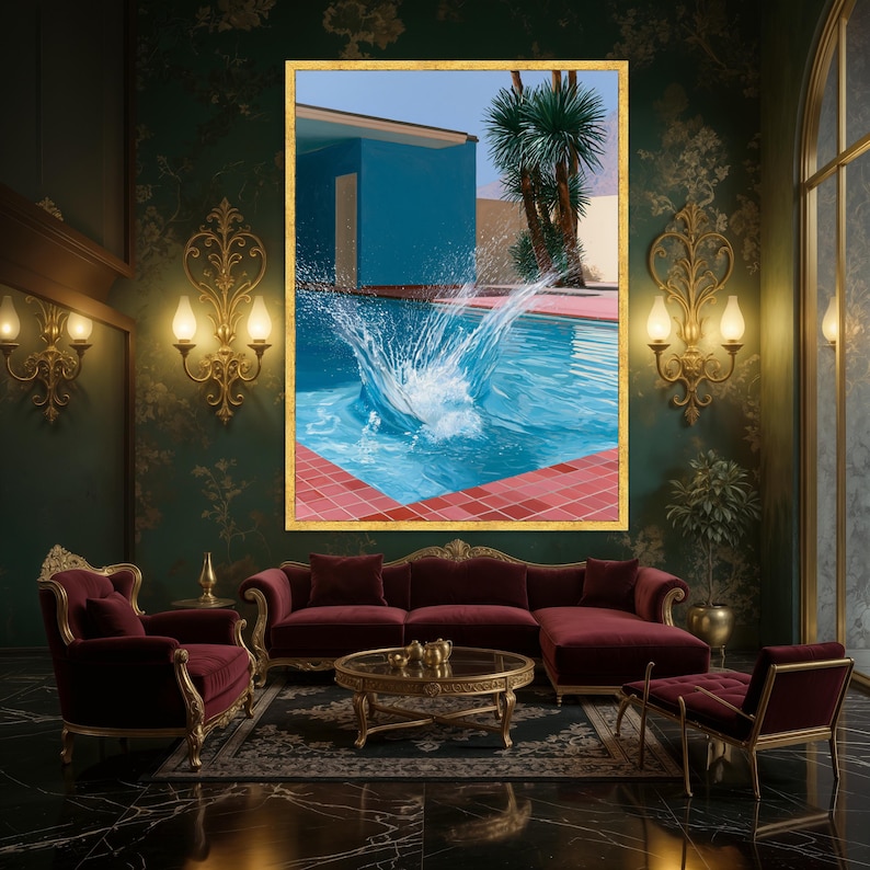 David Hockney Pool Splash Canvas Print Wall Art, Blue Palm Springs Modernist Poster, Mid Century Desert Home Decor Gold Frame