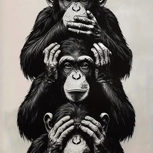 Three Wise Monkeys Large Wall Art, Speak No Evil Hear No Evil See No Evil Chimpanzee Print for Modern Living Room Decor