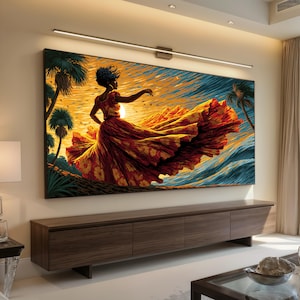 May include: A large rectangular wall art print featuring a stylised illustration of a figure in a flowing red and orange floral dress dancing against a vibrant sunset background with palm trees and ocean waves, mounted above a wooden media console.
