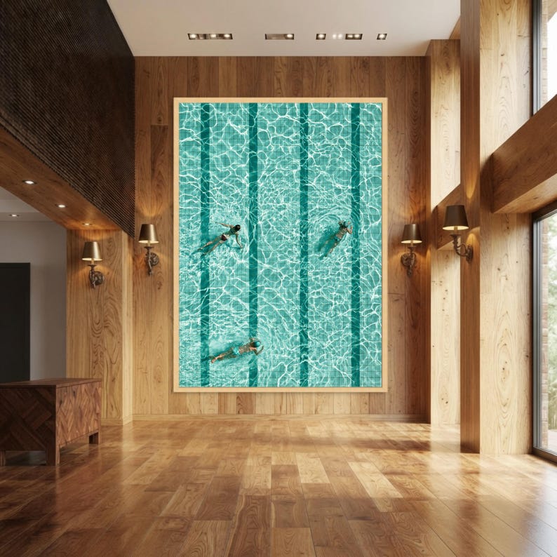 Pool Wall Art, Overhead Swimmers in Tiled Pool Water, Aqua Turquoise ...
