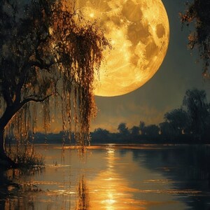 Volle maan landschap meerlandschap grote muurkunst, gouden maanlicht reflectie schilderij met wilg voor decor slaapkamer woonkamer