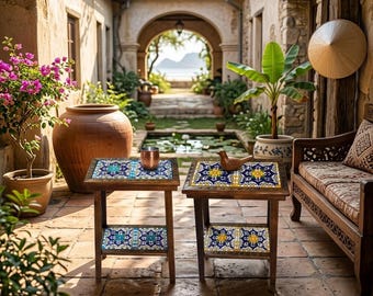 Handmade Talavera Tile End Table – Mexican Wood Accent Side Table Furniture
