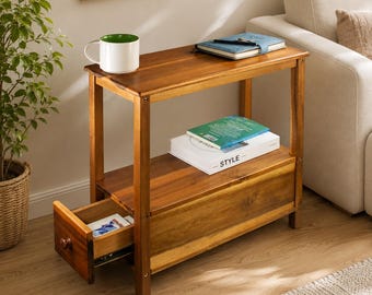 Slim Acacia Wood End Table with Drawer | Narrow Nightstand for Bedroom, Living Room Spaces