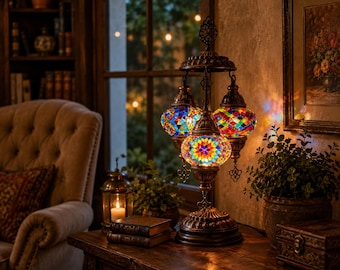 Handmade Turkish Mosaic Table Lamp with 3 Globes, Boho Style Lighting