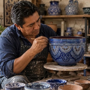 May include: A large, round, blue ceramic bowl featuring intricate, hand-painted white and dark blue floral and geometric patterns. The bowl sits on a pottery wheel, while a thin brush is used to apply fine details to the exterior surface.
