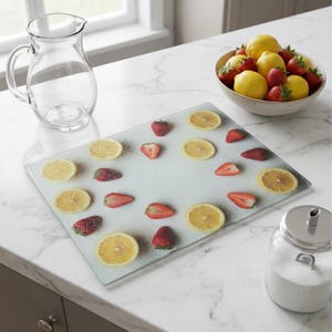 May include: A rectangular glass cutting board featuring a printed pattern of sliced yellow lemons and red strawberries scattered across the surface. The board is positioned near a clear glass pitcher, a bowl of fresh fruit, and a glass sugar canister.