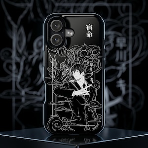 May include: Black phone case featuring a white anime-style illustration. The design includes a character with a sword, a wolf, and Japanese text. The case has a glossy finish and a dual-camera cutout.