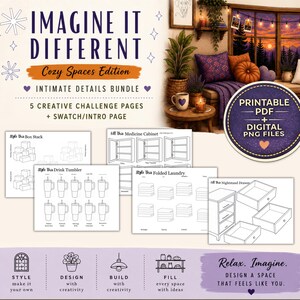 May include: A digital download bundle with the text "IMAGINE IT DIFFERENT" and "Cozy Spaces Edition." Includes printable PDF and digital PNG files. Features line drawings of various home items, such as a box stack, medicine cabinet, drink tumblers, folded laundry, and a nightstand drawer.