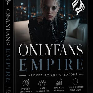 Puede incluir: Una portada de libro con el título "ONLYFANS EMPIRE" en letras grandes blancas y grises. La portada presenta a una mujer con cabello rubio y un atuendo negro. El libro promete "Estrategias probadas", "Más suscriptores" y "Maximizar ganancias".
