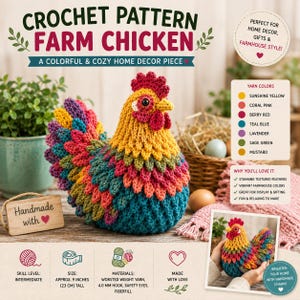 Può includere: Uno schema all'uncinetto per una gallina da fattoria, con una gallina in filato multicolore con testa gialla, cresta rossa e corpo blu ottanio. Il testo recita CROCHET PATTERN FARM CHICKEN ed elenca colori di filato come giallo e rosso.