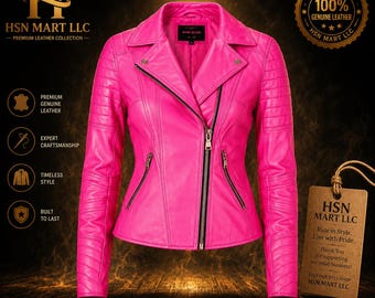 Jaqueta de couro rosa choque estilo motoqueiro | Jaqueta feminina slim fit estilo motoqueiro