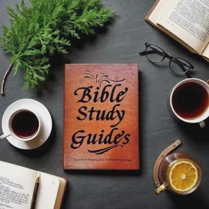 Könnte beinhalten: Ein braunes, ledergebundenes Buch mit dem Titel Bible Study Guide's und dem Untertitel A Guide to Deepen Your Faith and Knowledge, umgeben von einem grünen Zweig, einer schwarzen Brille, zwei weißen Kaffeetassen und einem offenen Buch.
