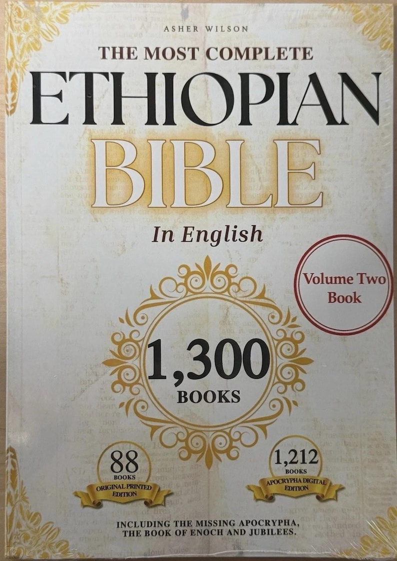 May include: The cover of "The Most Complete Ethiopian Bible" in English. The title is in large black letters with a gold-colored background. The cover also features the text "1,300 BOOKS" in a gold-colored design, and "Volume Two Book" in a red circle.
