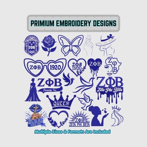 May include: A collection of blue embroidery designs, including a butterfly, heart-shaped glasses, and a crown with the word "QUEEN." The text "PRIMIUM EMBROIDERY DESIGNS" and "Multiple Sizes & Formats Are Included" are also visible.