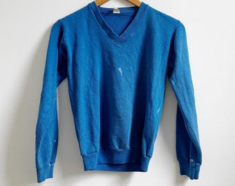 Vintage Distressed Blue V Neck Sweatshirt | Size XS