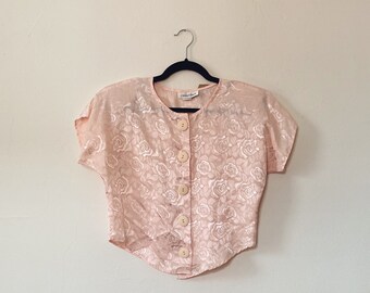 Vintage Monochromatic Rose-Patterned Top
