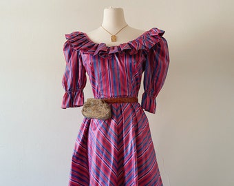 1980s Vintage Ruffle Neck Taffeta Party Dress | Size XS SM