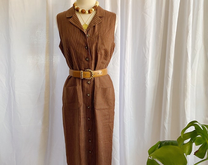Vintage Pinstriped Brown Shirtdress | Size 12