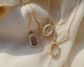 Vintage Oval Iridescent Zodiac Necklaces