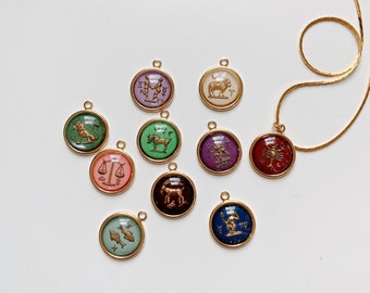 Vintage Colorful Glass Goldtone Zodiac Astrology Pendants | 18" Length