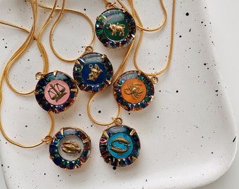 Vintage Colorful Glass Zodiac Charm Necklaces