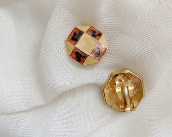 Vintage Enamel and Gold Checkered Clip-On Studs