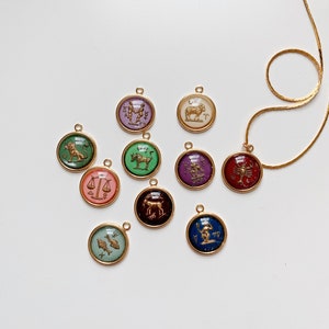 Vintage Colorful Glass Goldtone Zodiac Astrology Pendants | 18" Length
