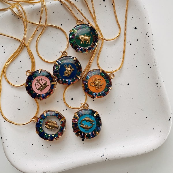 Vintage Colorful Glass Zodiac Charm Necklaces