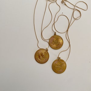 Vintage 1970s Rare Large Brass Zodiac Coin Disc Charm Necklace