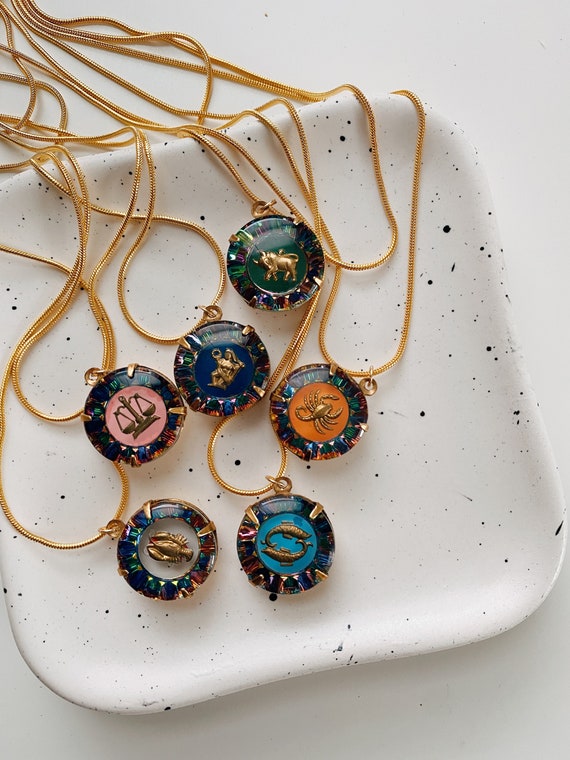 Vintage Colorful Glass Zodiac Charm Necklaces