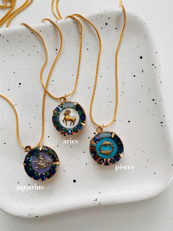 Vintage Colorful Glass Zodiac Charm Necklaces - image 2