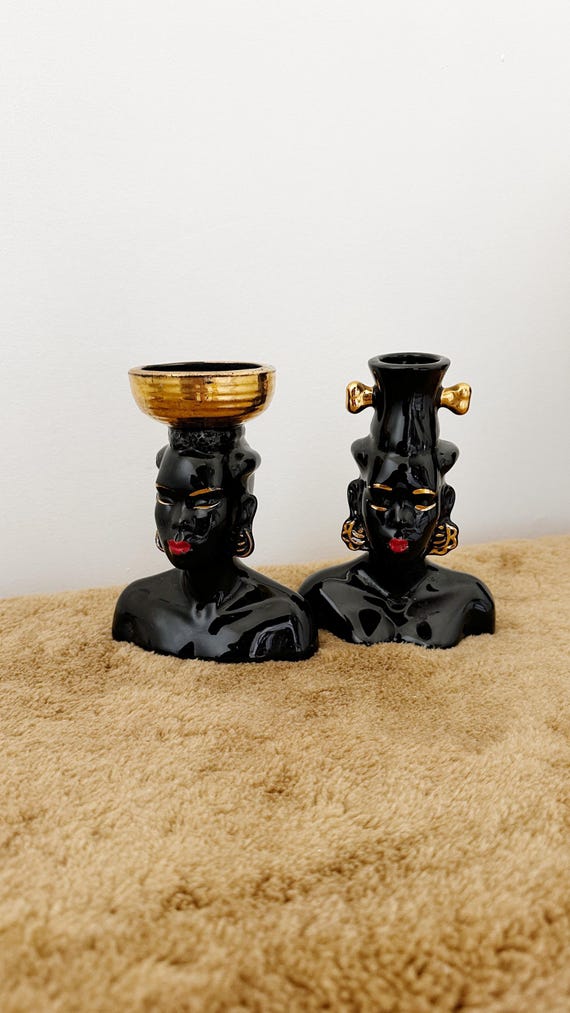 MCM Black and Gold-accented Nubian Vases