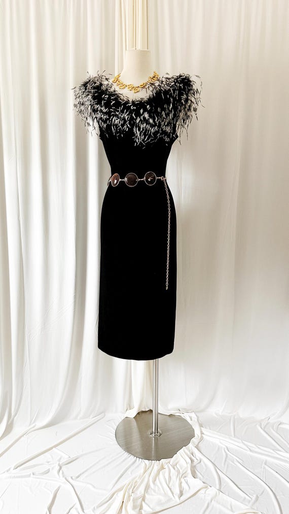 1990s Feather-Accented Black Velvet Dress | Size 12