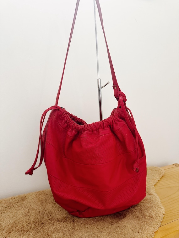1980s Red Leather Bloomingdales Drawstring Bucket Bag