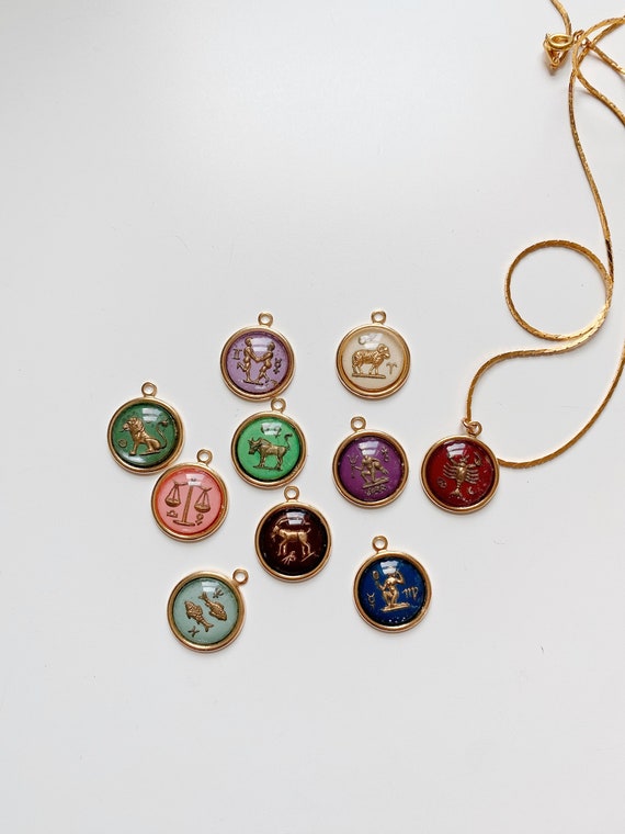 Vintage Colorful Glass Goldtone Zodiac Astrology Pendants | 18" Length