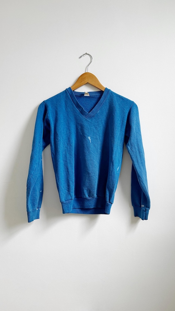 Vintage Distressed Blue V Neck Sweatshirt | Size XS