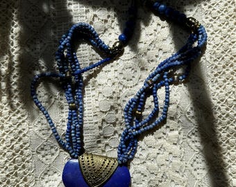 1970s/80s Beaded Lapis and Brass Necklace | Length: 19"